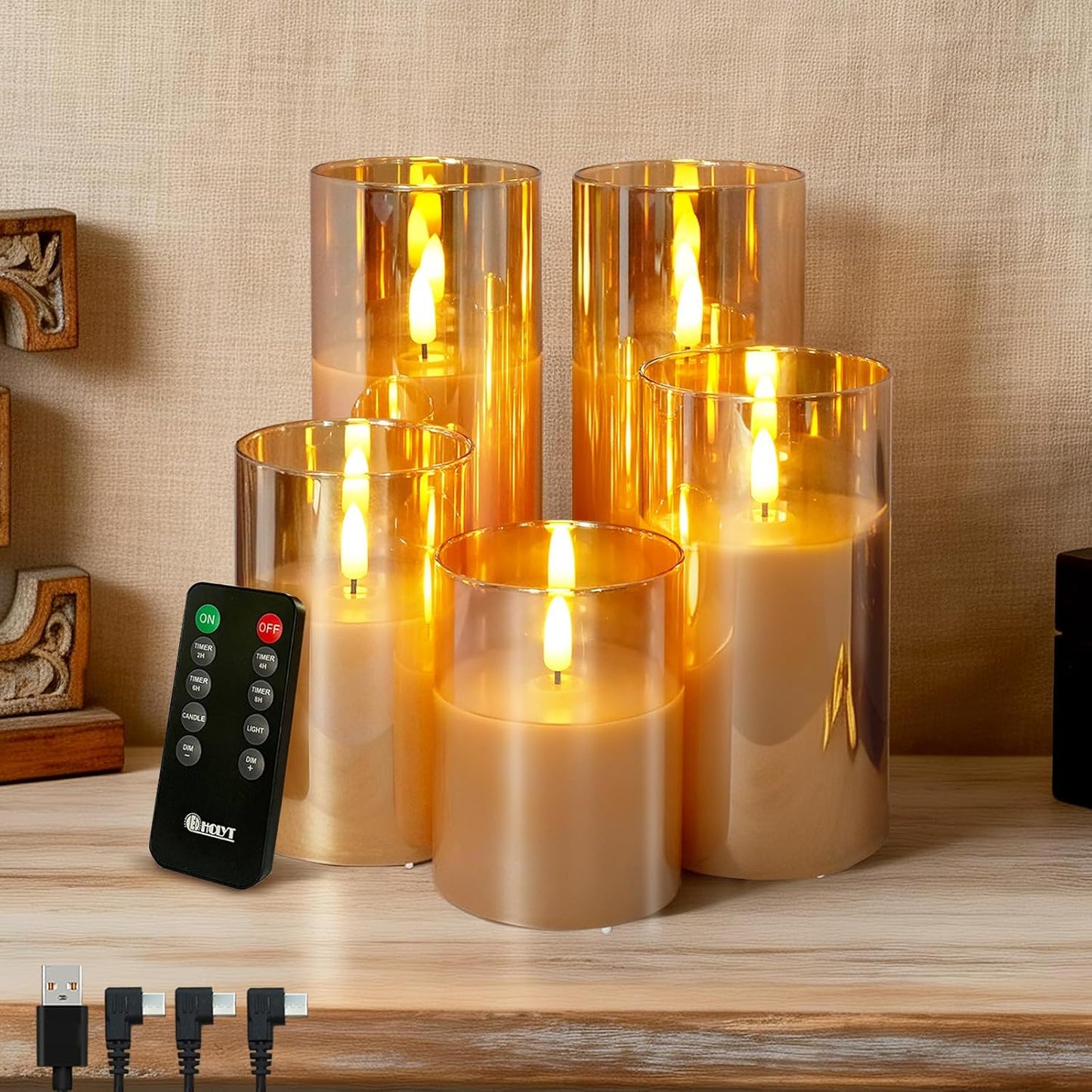 LEDHOLYT Rechargeable Flameless Glass Pillar Candles–Gifts for Women,–Set of 3, Realistic Flickering LED Flame,Remote & Timer, Ideal for Living Room, Bedroom & Halloween Festival Home Party Decor