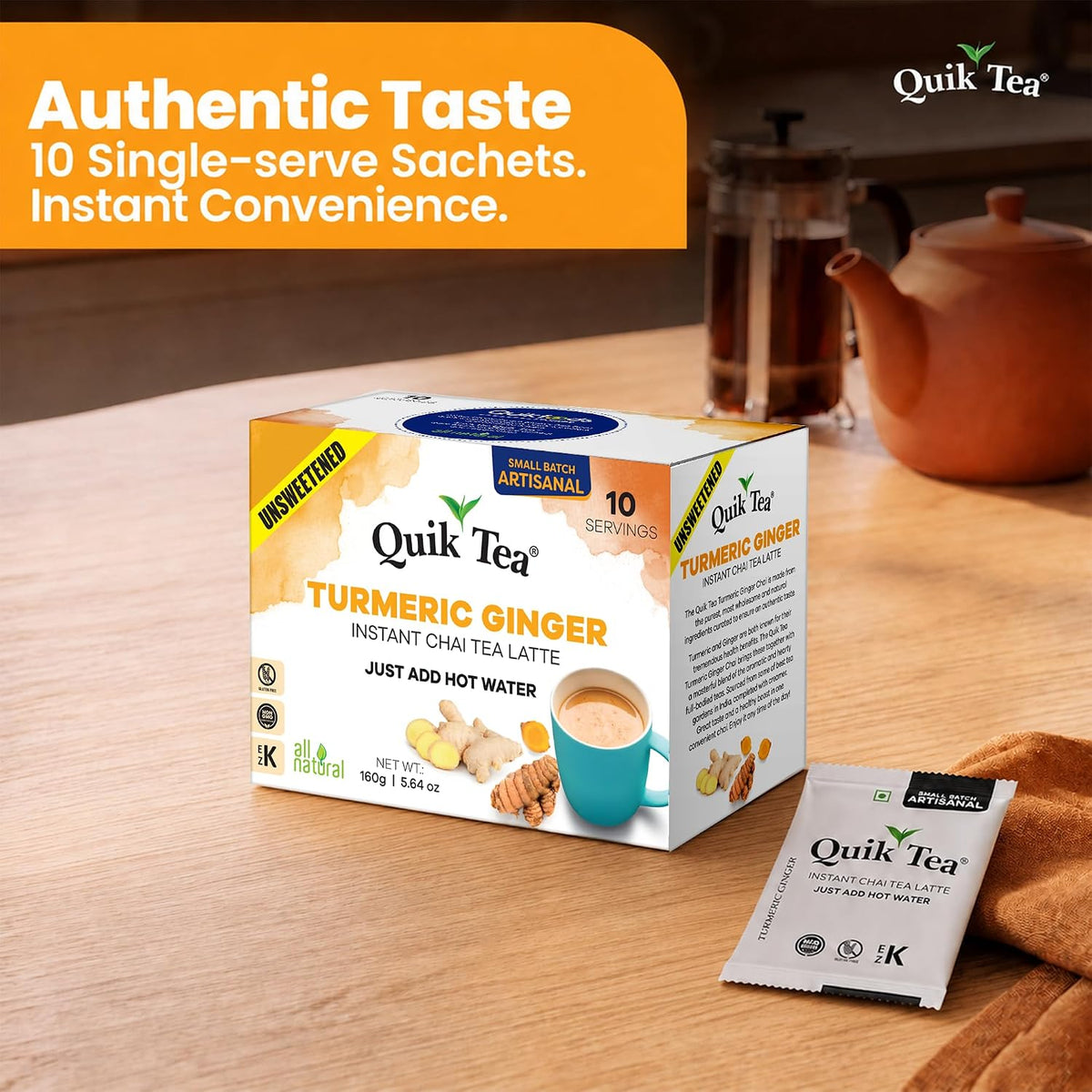 QuikTea Instant Chai Latte Mix, Turmeric Ginger, Unsweetened, 10 Sachets