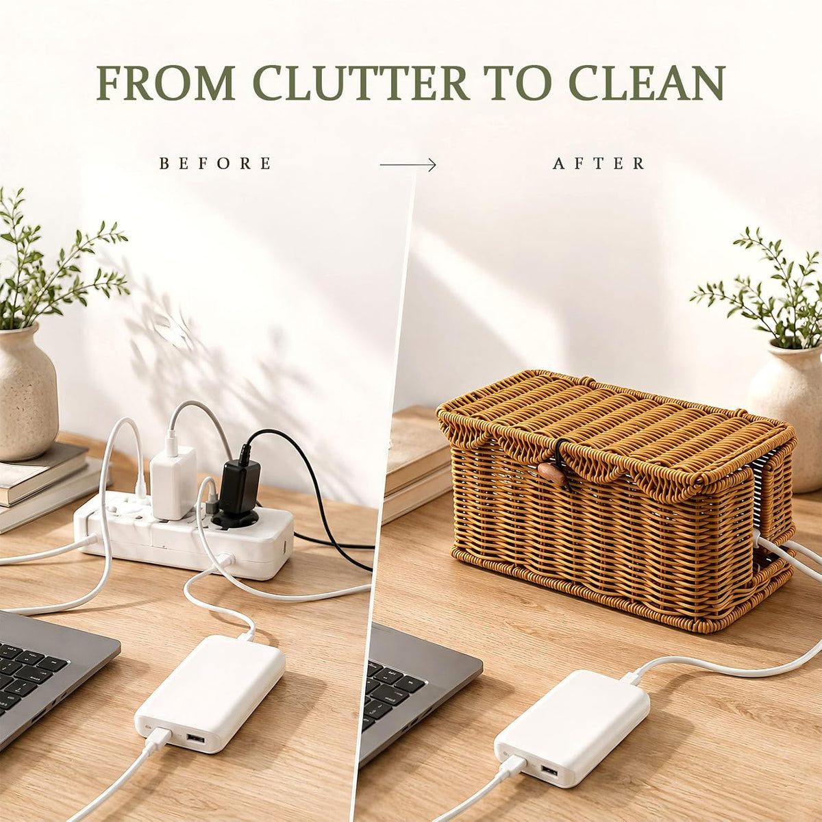 2 Pack Rattan Cable Management Box for Power Strip with 2 Exits