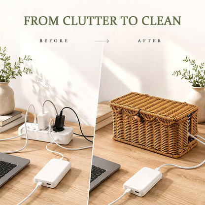 2 Pack Rattan Cable Management Box for Power Strip with 2 Exits