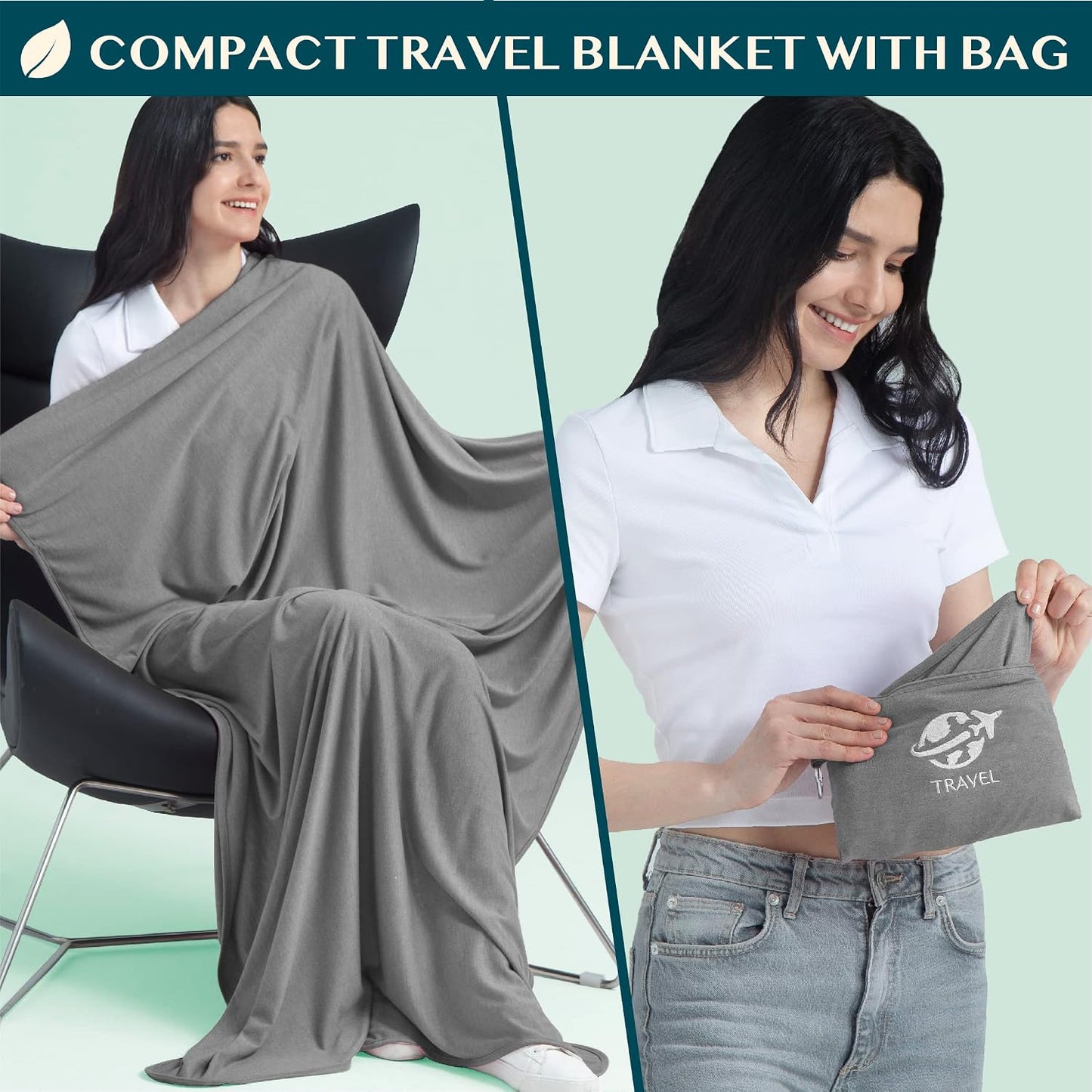 PAVILIA Travel Blanket Airplane Compact Pillow with Bag for Flights, Navy