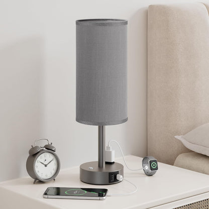 Touch Bedside Table Lamp with Memory - Stepless Dimmable Lamp for Bedroom, Small Nightstand Lamp with Dual USB Charging Ports and AC Outlet, Wood Night Light, Desk Lamp for Nursery, Living Room, Dorm