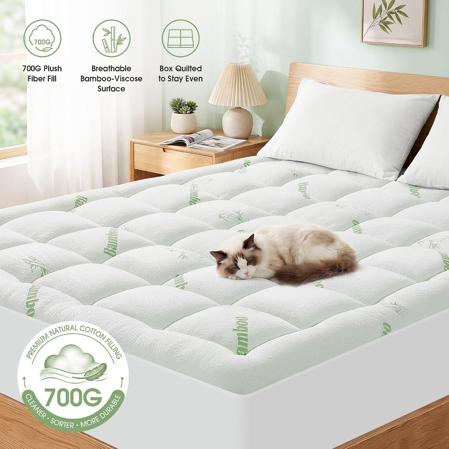 Mattress Pad Queen Size, Cooling Pillow Top Mattress Topper, Ultra Soft Viscose Made from Bamboo, Breathable for Hot Sleepers, Deep Pocket 8"-20", Green