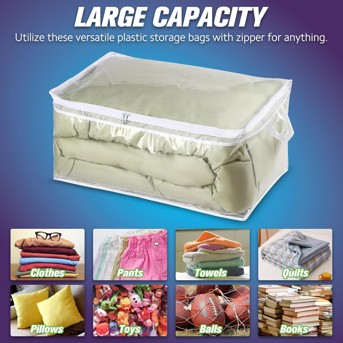 HIBAG 20 Gallon Large Storage Bag for Clothes, Zipper Clothing Storage Bag, Clear Organizer with Reinforced Handles, for Comforters Blankets Pillows Bedding