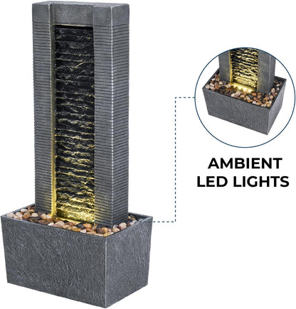 Teamson Home 38.58 in. Modern Curved Faux Slate Waterfall Fountain for Indoors or Outdoors with LED Light Accents and 1.98-Gallon Pump, Black and Stone Gray | Freestanding Floor Garden Waterfall, LED Lights, Weatherproof Polyresin, For Patio & Yard