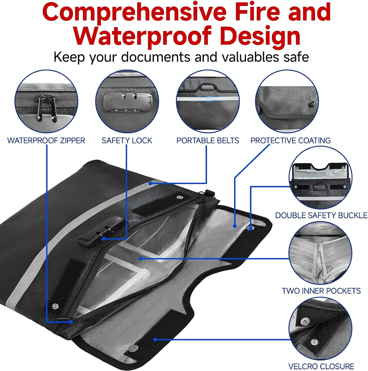 Fireproof Document Bag with Lock, 15x12 in Waterproof for Cash Passport