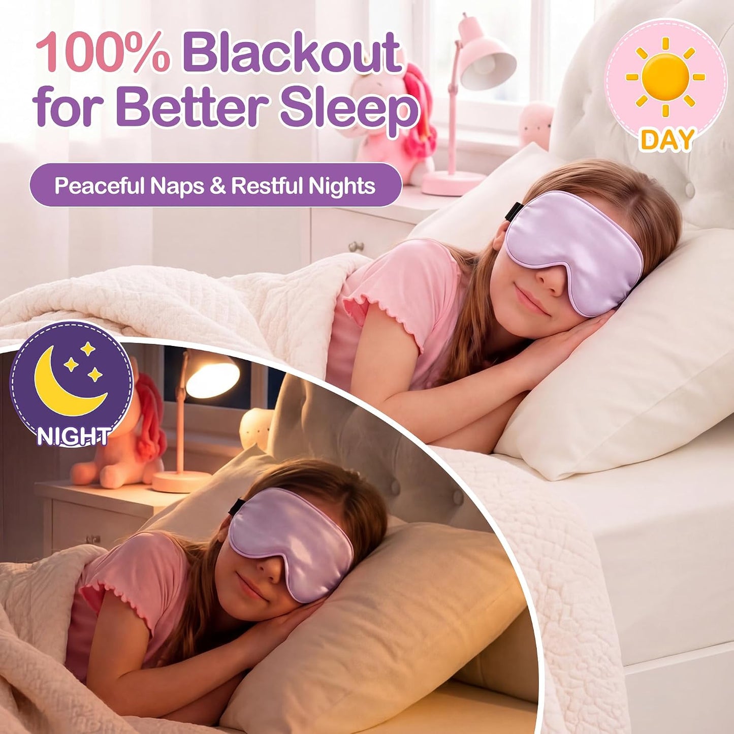 Kids Sleep Mask, Soft Eye Mask for Boys Girls with Adjustable Strap, Silk Light Blocking Sleeping Mask for Naps, Travel and Night Sleep, Includes Laundry Bag (Black)
