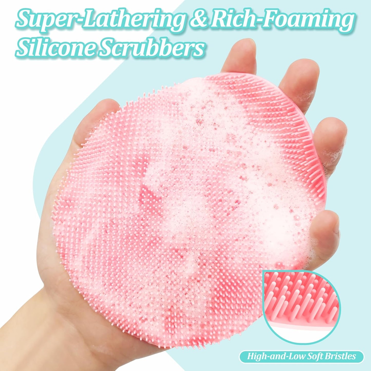 Silicone Back Scrubber & Bath Glove Set 2PCS, 13.4'' Gentle Shower Back Scrubber with Dual-Side Head Non-Slip Handle, 360° Anti-Slip Hand-fit Bath Glove for Rich Foaming Deep Cleaning(Black)