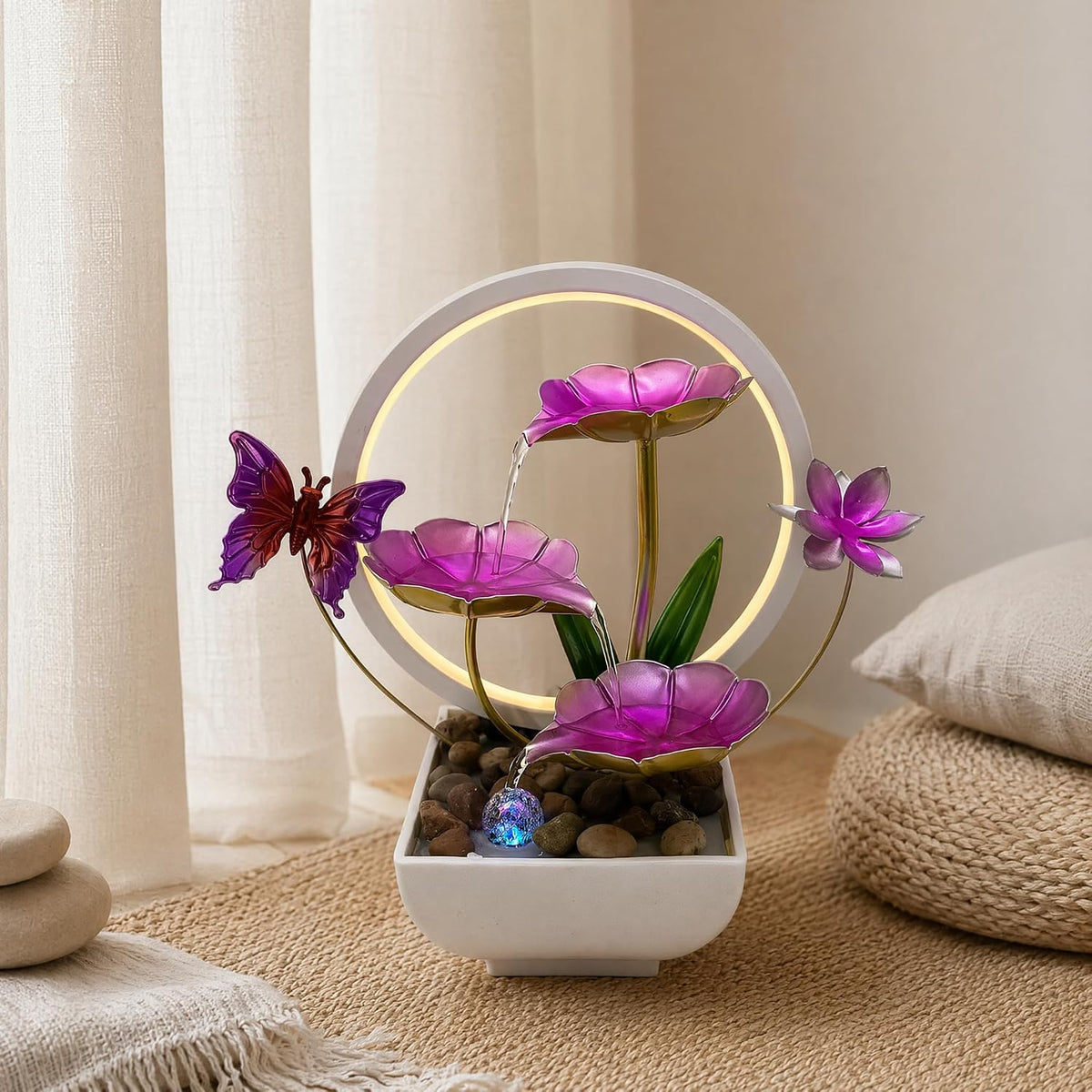 Tabletop Fountain,Indoor Water Fountain,Home Fengshui Décor Zen Relaxation Soothing Sound Machine for Office,Living Room,or Bedroom,Green Lotus,Hummingbird & Pink Flower,9.1inch