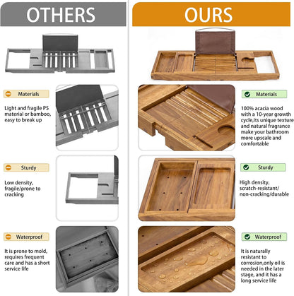 Artmalle Luxury Bathtub Caddy Tray for Tub - Foldable Bamboo Bath Table Tray with Book and Wine Glass Holder, Expandable Bathroom Accessories for Spa or Reading Lite Style