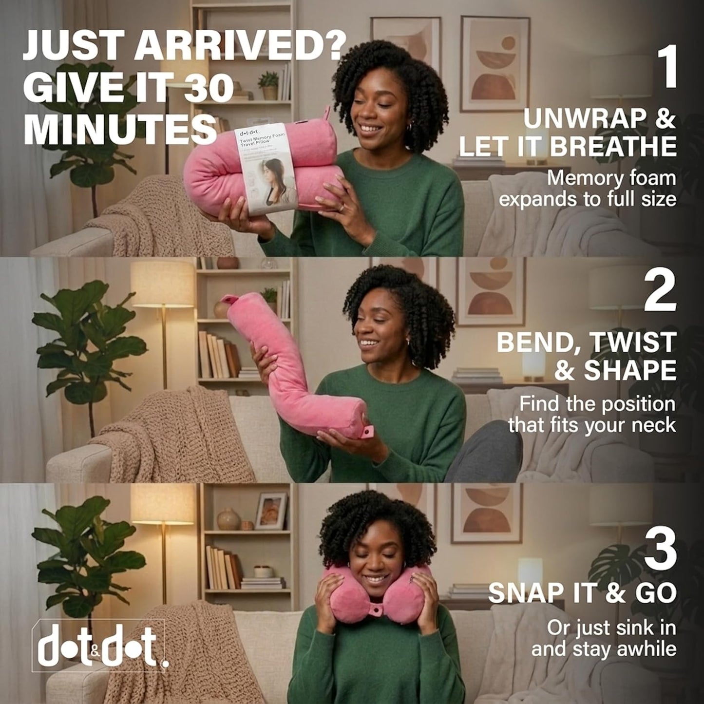 Dot&Dot Twist Memory Foam Travel Pillow, Bendable Neck Pillow for Airplane, Car and Home, 26-Inch Adjustable Roll with Washable Cotton Cover, Gray