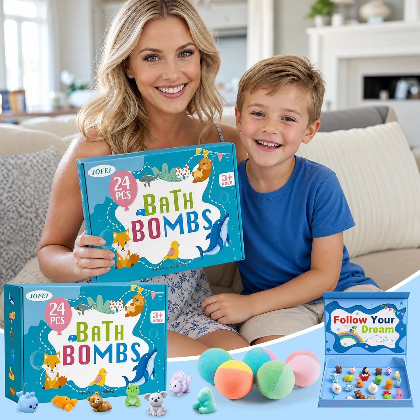 Bath Bombs for Kids with Surprise Inside, 24 Pack Kids Bath Bombs with Toys Inside Gift Set, Kid Bubble Bath Fizzy for Girls Boys with Bath Toys
