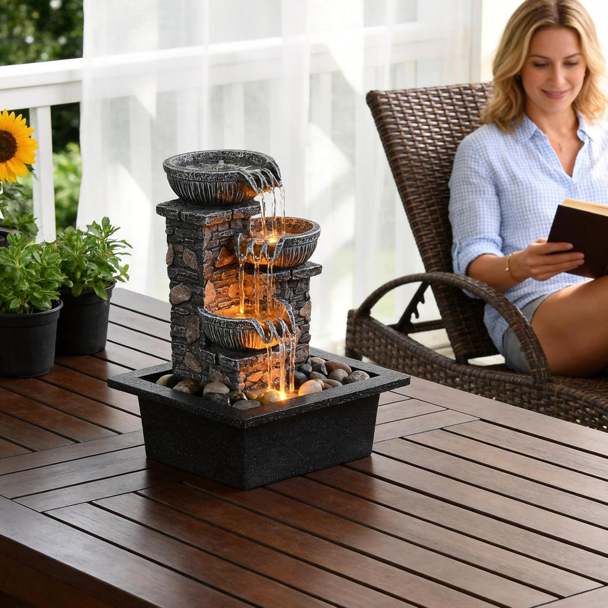 Kalona Tabletop Water Fountain with Buddha, LED Light Indoor Waterfall