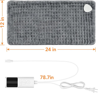 Heating Pad for Back Pain, Electric Heat Pad with 9 Heat Levels & 4 Auto-Off Timers, Portable Heating Pad for Period Cramps, Shoulder, Neck, Machine Washable, Gifts for Women and Men, Grey, 24''×12''