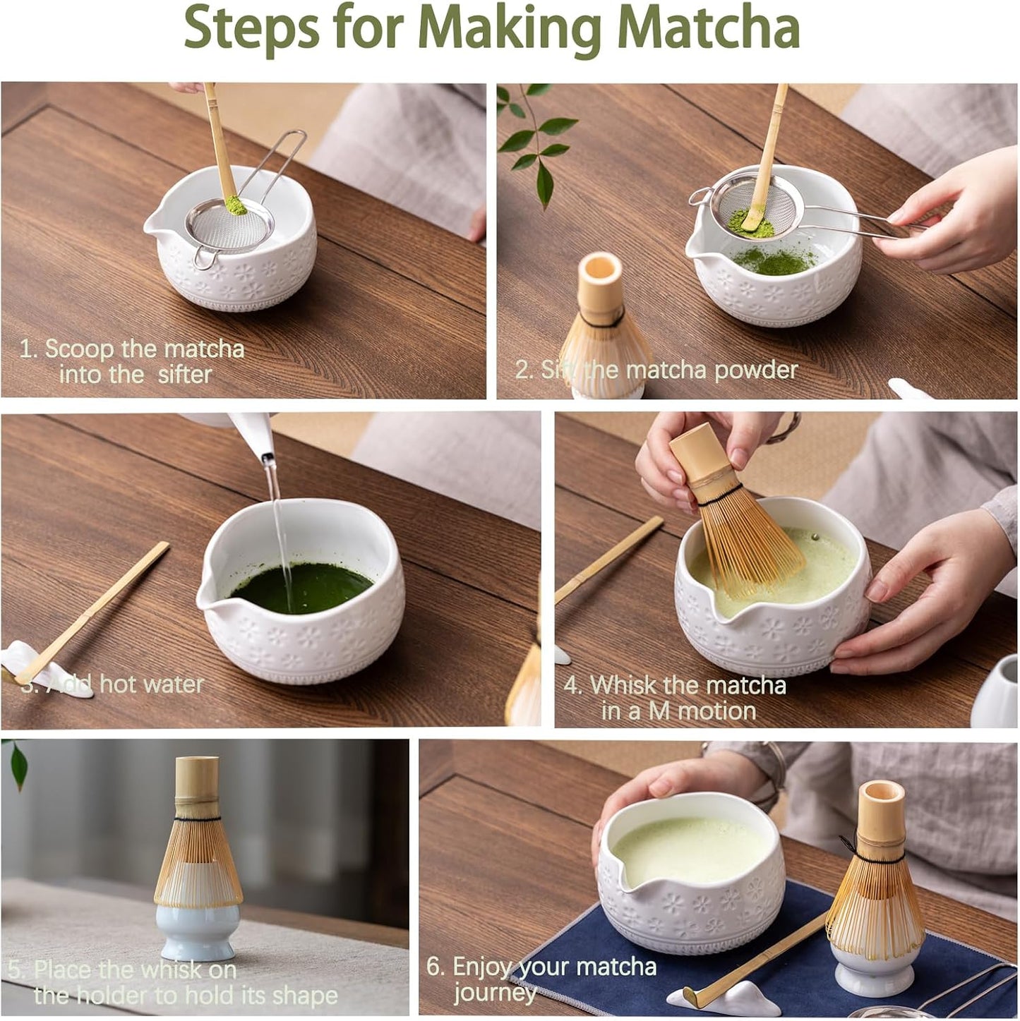 Buucup Matcha Whisk Set, Ceramic Matcha Kit Set Includes Matcha Bowl, Matcha Whisk and Holder, Bamboo Scoop, Scoop Rest, Sifter and Tea Towel - 7 Pcs Matcha Kit for Matcha Lovers (Mottled Green)