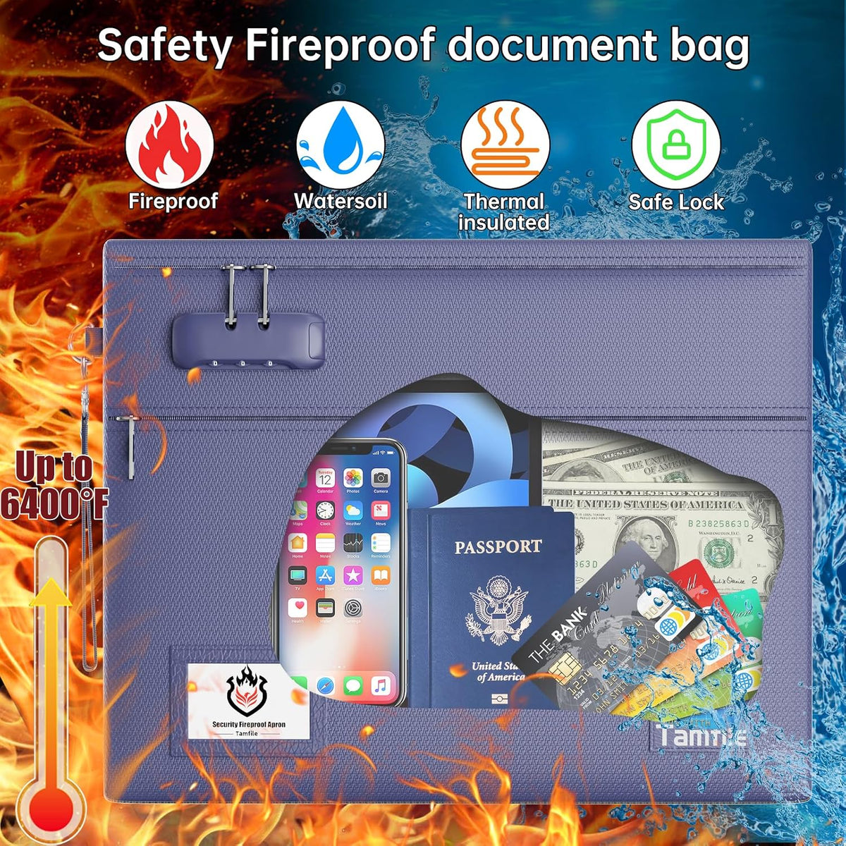Tamfile Fireproof Document Bag with Lock,15x12 inch Heat Resistant Cash Bag