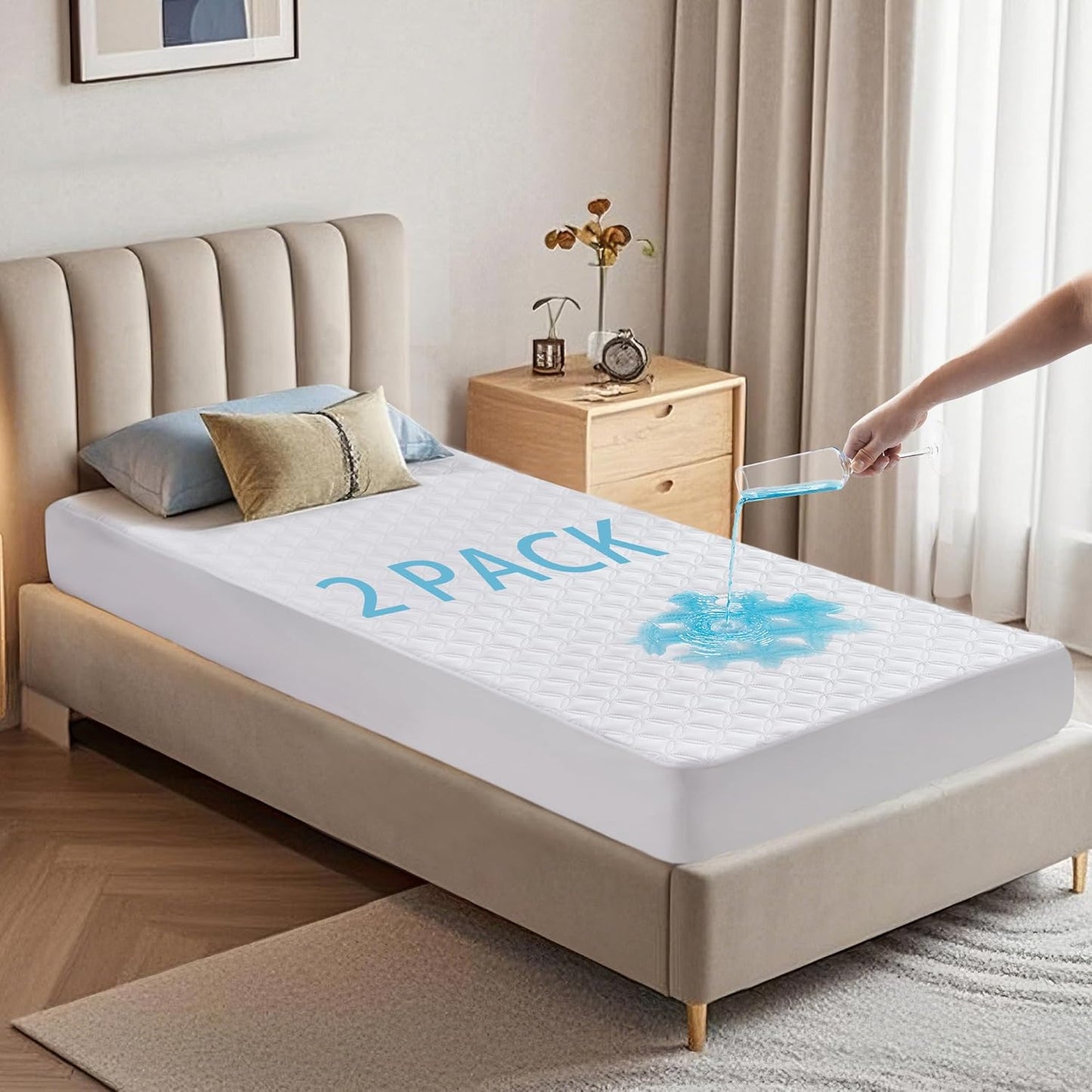 2 Pack Waterproof Mattress Protector, Queen Size Mattress Pad Noiseless with Deep Pocket Fitted for 6"-18", Soft Breathable Dirt-Proof Bed Mattress Cover Washable for Home, Bedroom, Hotel (Gray)