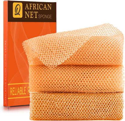UJFQBH 3 Pieces African Bath Sponge African Net Long Net Bath Sponge Exfoliating Shower Body Scrubber Back Scrubber Skin Smoother,Great for Daily Use (Pink,Yellow,Purple)