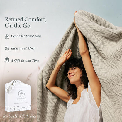 Threadmill Travel Blanket Cotton Viscose from Bamboo - Airplane Premium Soft Flight Grey Throw Blanket in Cloth Bag (Grey Color) Compact & Portable Blanket for Travel, Car, Picnic & Camping