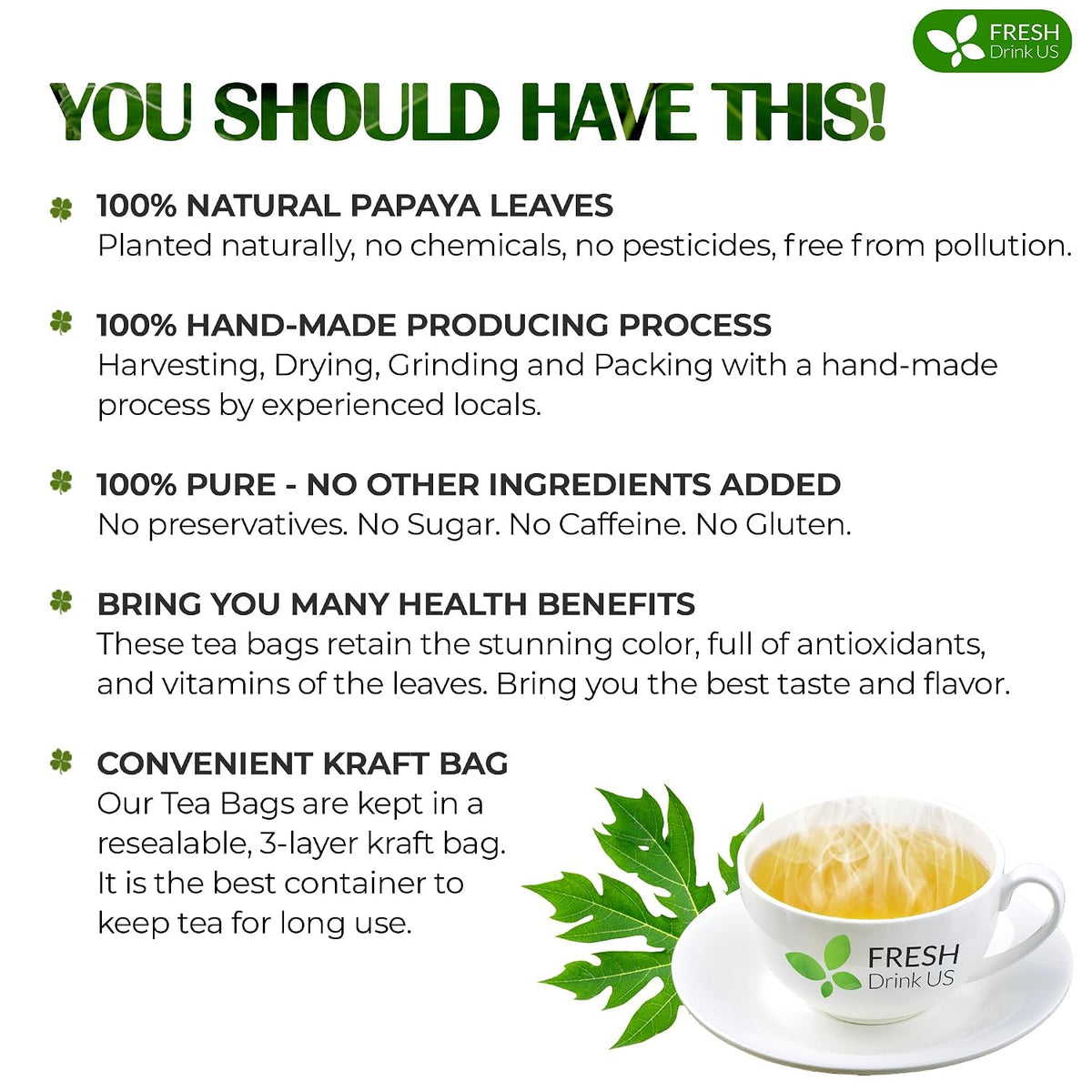 FreshDrinkUS, Premium 40 Papaya Leaf Tea Bags, 100% Natural & Pure from Papaya Leaves. Loose Leaf Herbal Tea. Made with Natural Material Tea Bags. No Sugar, No Caffeine, No Gluten, Vegan.