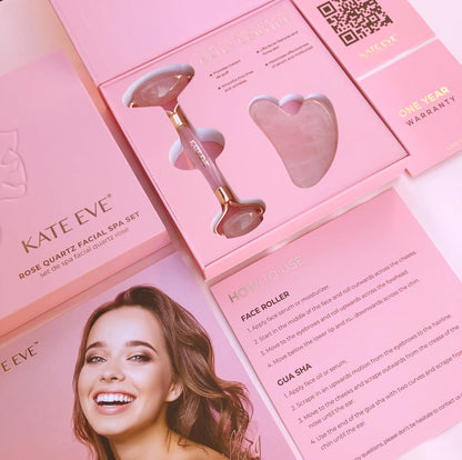 Kate Eve Rose Quartz Face Roller and Gua Sha Set, 100% Natural Brazilian Rose Quartz Facial Massage Tools, Luxury Skincare Gift Box