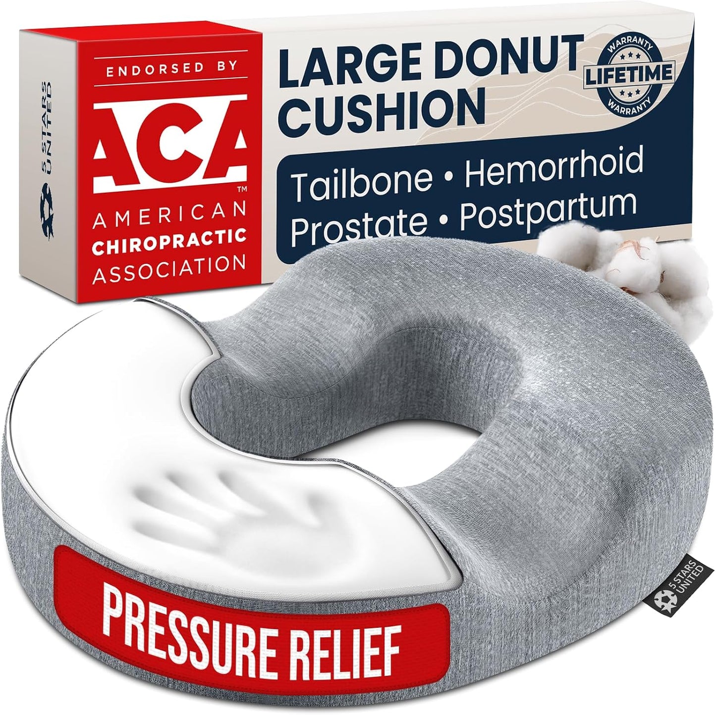 5 STARS UNITED Donut Pillow for Tailbone Pain & Hemorrhoids – Large Memory Foam Seat Cushion for Bed Sore-Prone Areas & Pressure Relief – Prostate, Postpartum & Pregnancy Support, Black Mesh Cover