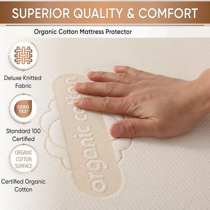 Waterproof Organic Mattress Protector Queen Size – Premium Soft Organic Cotton Surface Mattress Cover – Noiseless & Breathable 250 GSM Mattress Pad – Deep Pocket Fitted Design
