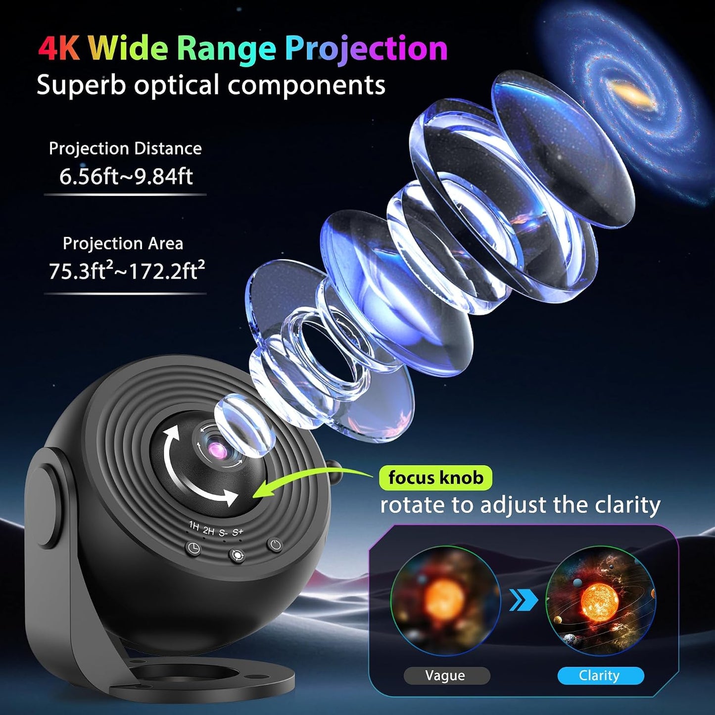 Galaxy Projector for Bedroom, HD Image Star Projector Galaxy Light Adjustable Knob, 13 Film Discs Planetarium Projector for Kids, 360° Rotating 1/2h Timer Simple 3-Button Control Black&White