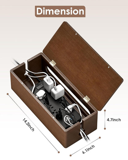 YECAYE Solid Wood Cable Management Box, Walnut Color, 14.2 x 6.1 x 4.1