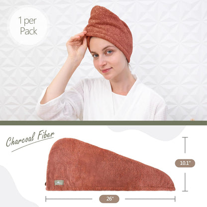 myHomeBody Hair Towel Wrap, Luxury Quick Drying Turban, Ultra Soft Absorbent Charcoal Fiber Cap, with Coconut Shell Button – Gray