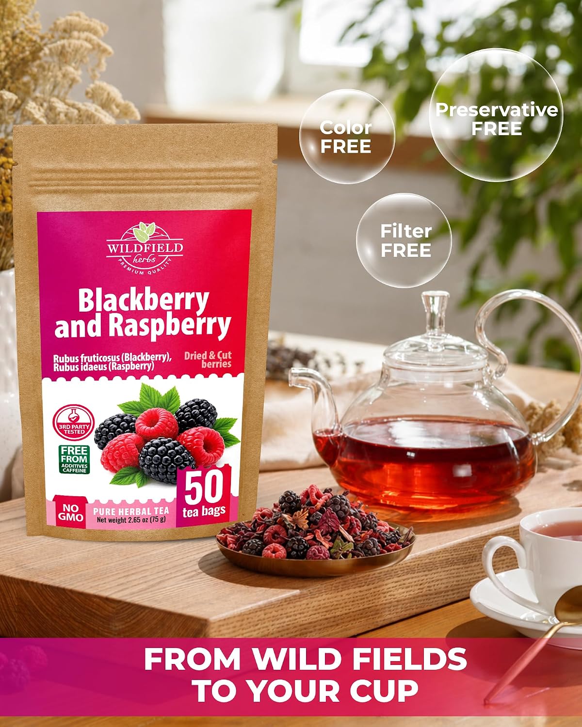 50 Bags Blackberry & Raspberry Fruit Tea Blend (Rubus Fruticosus, Rubus Idaeus) - 50 Count 1.5g Bags Mixed Berry Fruit Infusion Té De Mora Y Frambuesa