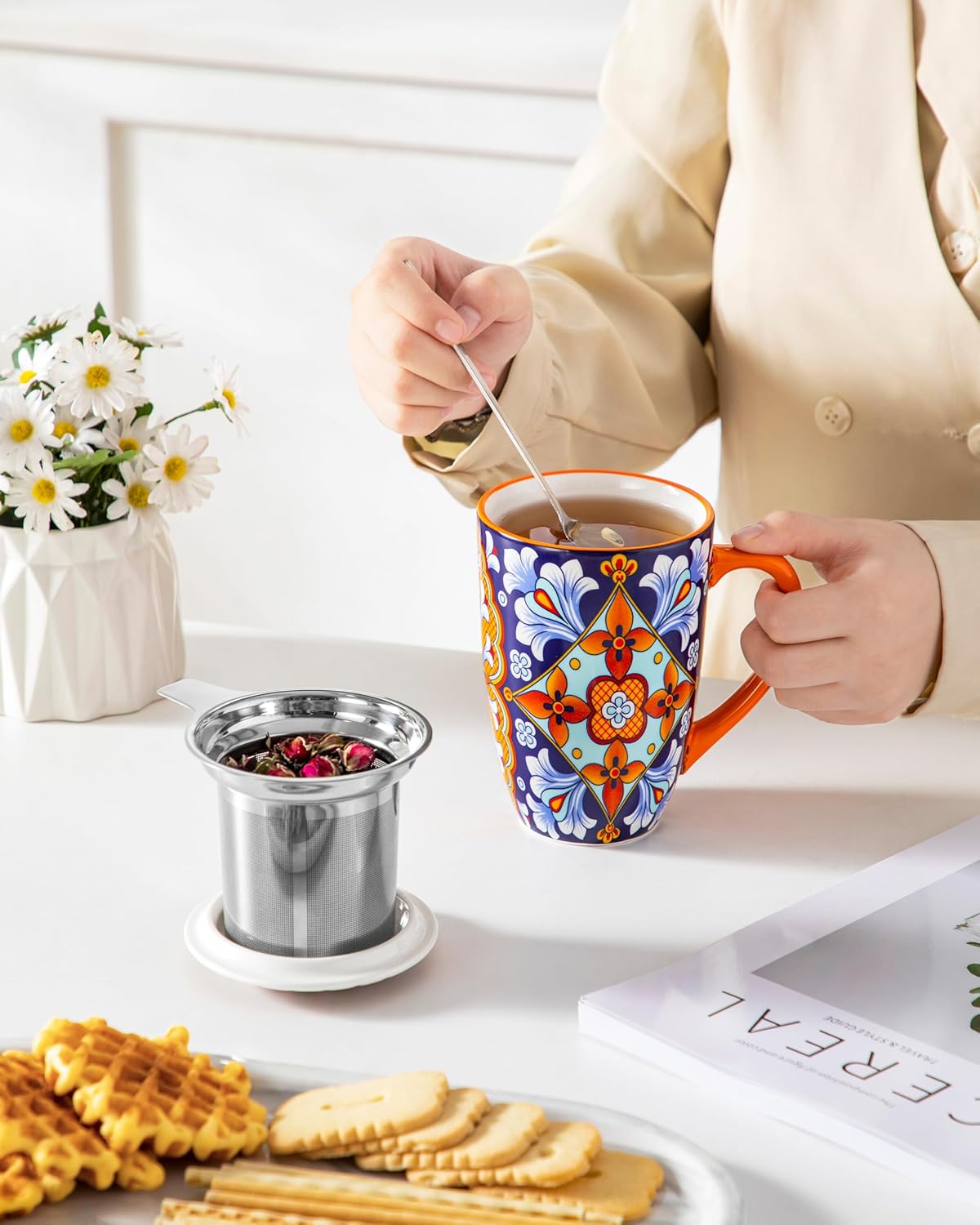 vancasso Ceramic Tea Mug with Infuser and Lid, 18 Ounce Bohemian Loose Leaf Cup, Microwave & Dishwasher Safe, Perfect for Tea, Coffee, Burnt-Cobalt Mandala