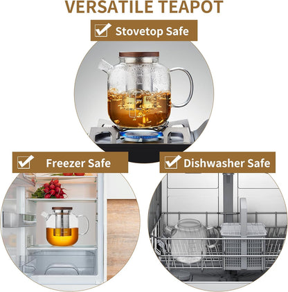 Glass Teapot with Infuser and Lid - 40oz Borosilicate Glass Teapot with Heat-Resistant Handle, Stainless Steel Mesh Infuser for Loose Leaf & Blooming Tea, Stovetop & Microwave Safe
