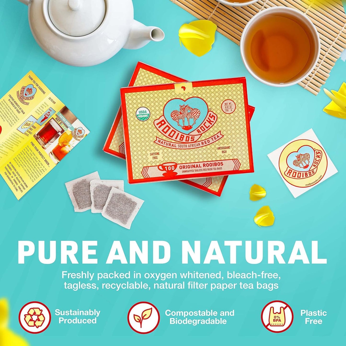 Caffeine Free Organic Rooibos Tea Bags 80 - Naturally Sweet Herbal Tea Safe for Kids & Pregnant Women – Low Tannin Premium South African Tea Red Tea - Sustainably & Ethically Farmed Red Rooibos Tea