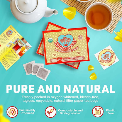 Caffeine Free Organic Rooibos Tea Bags 80 - Naturally Sweet Herbal Tea Safe for Kids & Pregnant Women – Low Tannin Premium South African Tea Red Tea - Sustainably & Ethically Farmed Red Rooibos Tea