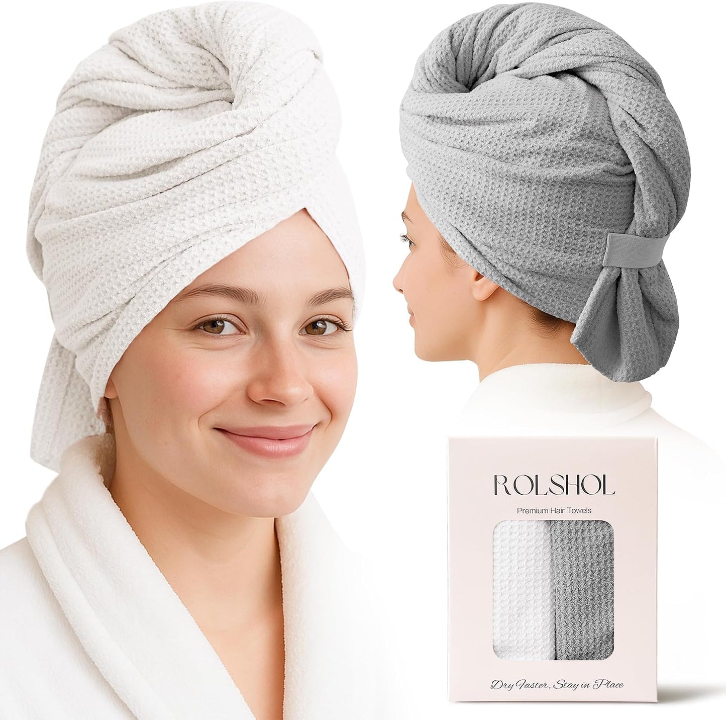 ROLSHOL 2 Pack Microfiber Hair Towel Wrap for Women, 32" x 11" Waffle Weave Hair Plopping Towel for Curly, Long & Thick Hair, Anti-Frizz Hair Turbans for Wet Hair (Pink, Grey)