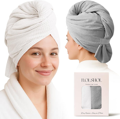 ROLSHOL 2 Pack Microfiber Hair Towel Wrap for Women, 32" x 11" Waffle Weave Hair Plopping Towel for Curly, Long & Thick Hair, Anti-Frizz Hair Turbans for Wet Hair (Pink, Grey)