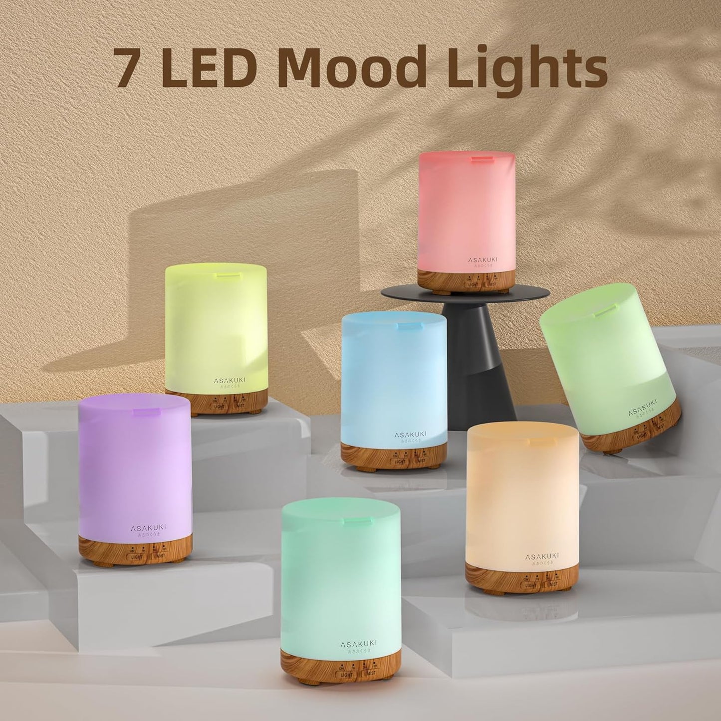 ASAKUKI Essential Oil Diffuser for Home 300 ml Quiet | Automatic Shut-Off, Aromatherapy Diffuser, 7 LED Lights for Living Room, Kitchen, Bedroom, Hotel - Light Brown