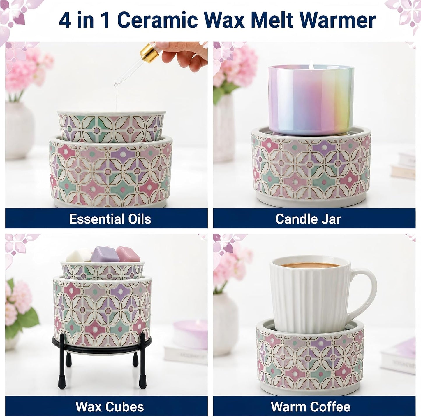 NAFANG Blue & White Porcelain Pattern Wax Melt Warmer,Ceramic 3-in-1 Electric Candle Wax Warmer for Scented Wax Melter Oil Burner for Home Office Bedroom Gift & Decor (with KD Iron Shelf)