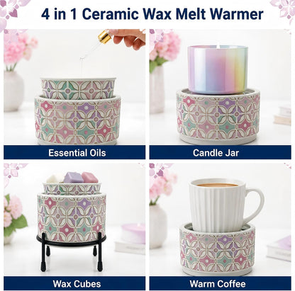 NAFANG Blue & White Porcelain Pattern Wax Melt Warmer,Ceramic 3-in-1 Electric Candle Wax Warmer for Scented Wax Melter Oil Burner for Home Office Bedroom Gift & Decor (with KD Iron Shelf)