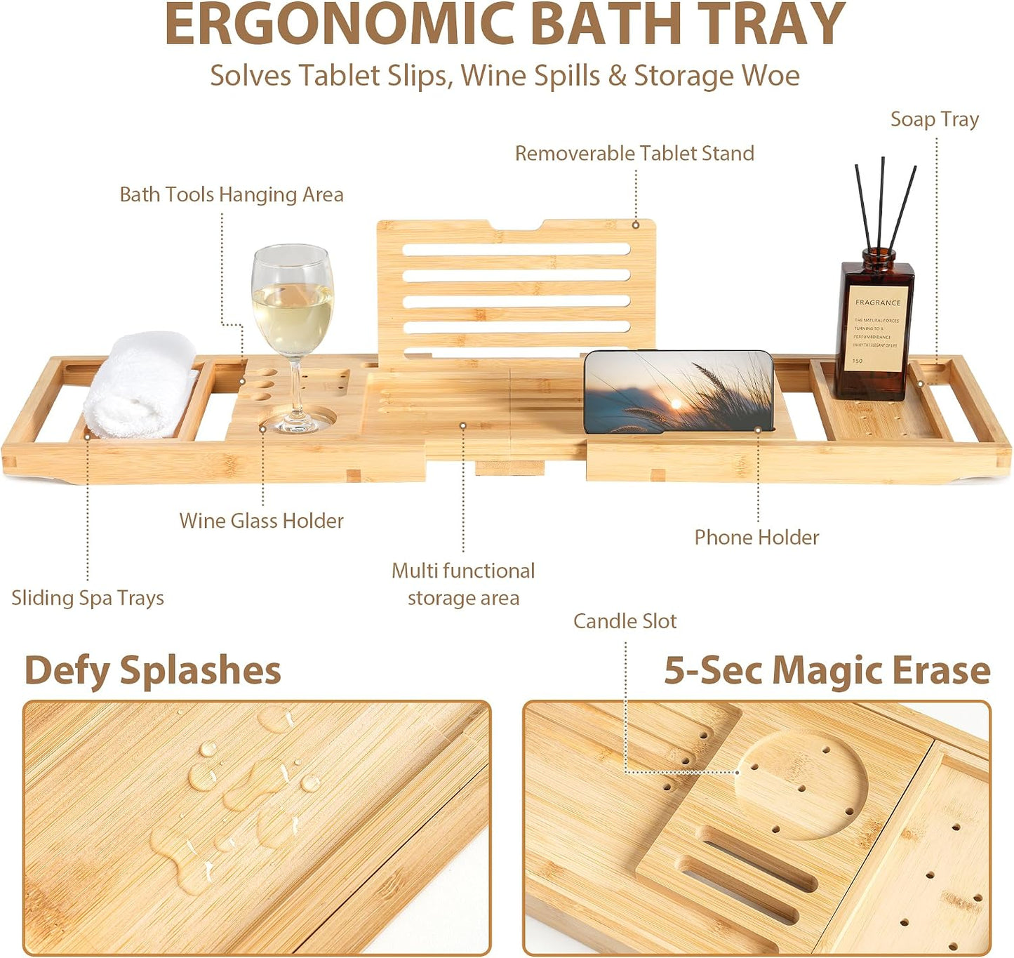 Bamboo Bathtub Tray Caddy - Splash-Proof Adjustable (28.5-40") with Wine Holder, Tablet Stand & Non-Slip Grip | Spa-Grade Organizer for Bath Essentials & Reading- Walnut