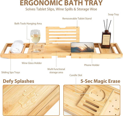 Bamboo Bathtub Tray Caddy - Splash-Proof Adjustable (28.5-40") with Wine Holder, Tablet Stand & Non-Slip Grip | Spa-Grade Organizer for Bath Essentials & Reading- Walnut