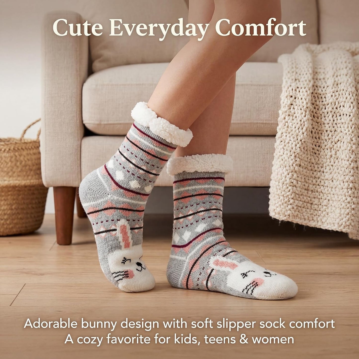 cosyone1997 Fuzzy Slipper Socks for Women Kids with Grips, Cute Animal Sherpa Lined Non-Slip Cozy Winter Socks Gifts