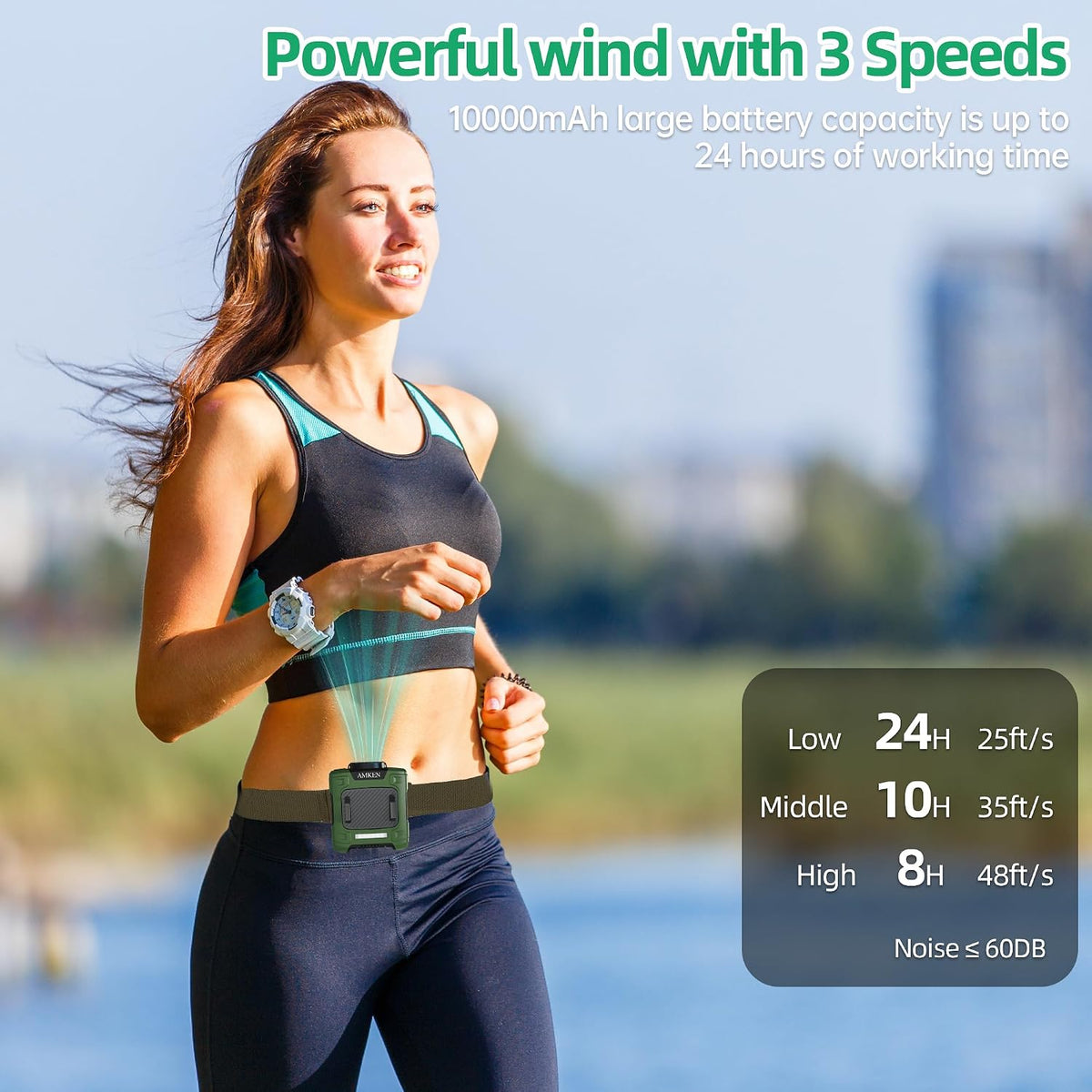 AMKEN Waist Fan, 10000mAh Rechargeable Belt Clip Fan, 59ft/s Airflow, 6-Speed 19000RPM Wearable Cooling with Bottom Air Intake, LED SOS Warning Light, Charge 2 Phones for Jobsite Camping