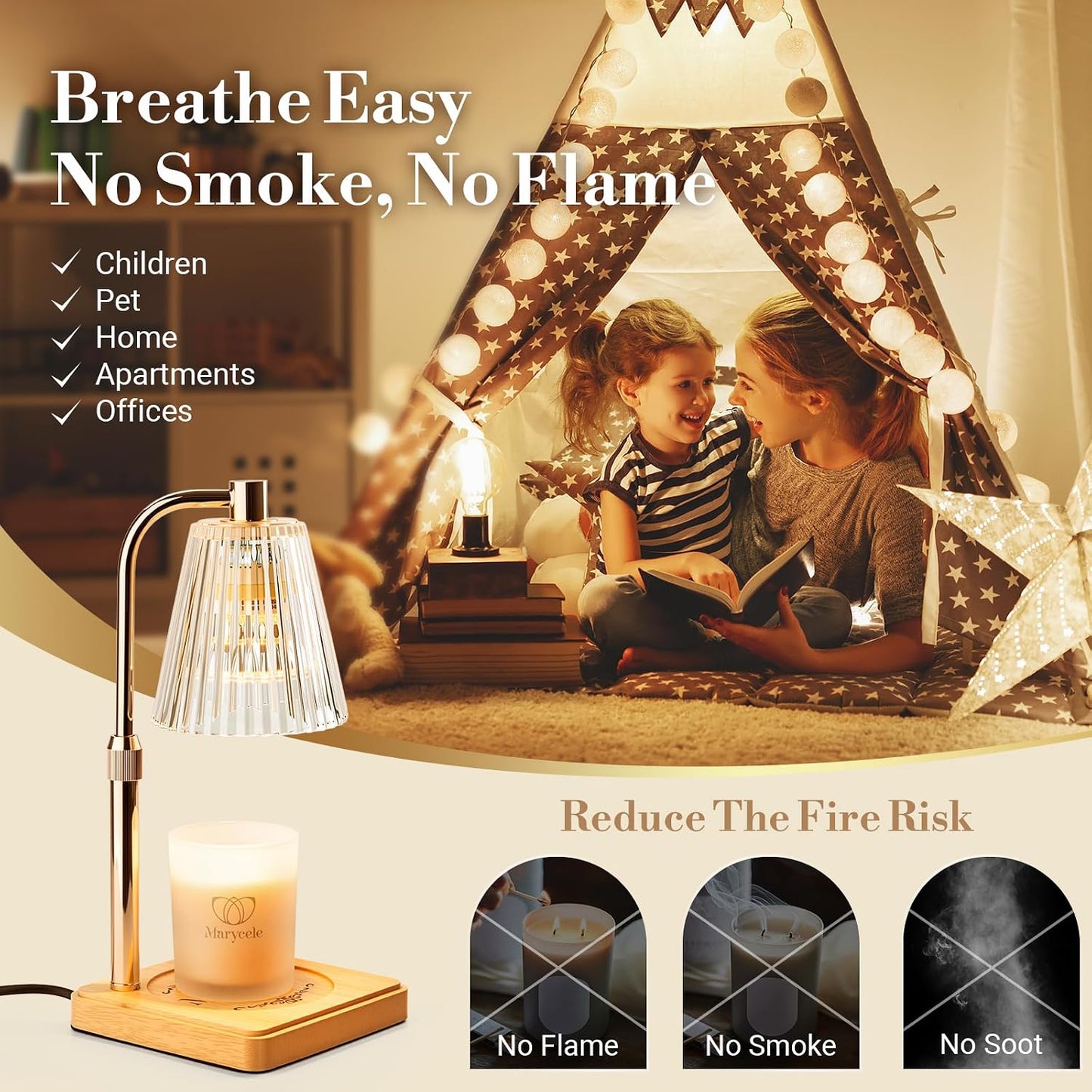 Marycele Candle Warmer Lamp with Timer & Dimmer - Mothers Day Gifts for Women Mom Her, Aesthetic Office Home Decor, Adjustable Height Wax Melter for Candle Jar & 3-Wick Candles (2 Bulbs Included)