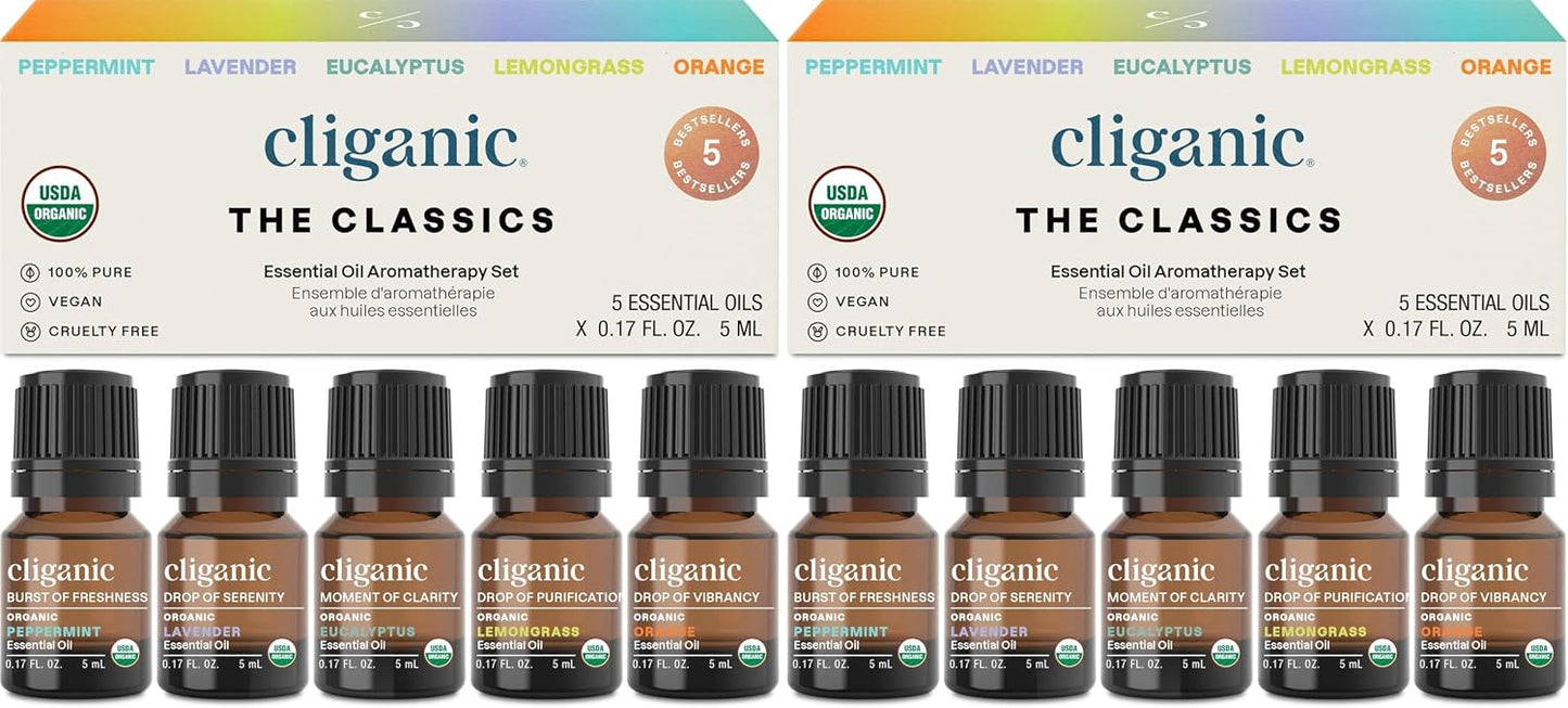 Cliganic Organic Essential Oils Set (Top 5 - The Classics) - 100% Pure Natural - Aromatherapy, Candle Making - Peppermint, Lavender, Eucalyptus, Lemongrass & Orange