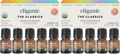 Cliganic Organic Essential Oils Set (Top 5 - The Classics) - 100% Pure Natural - Aromatherapy, Candle Making - Peppermint, Lavender, Eucalyptus, Lemongrass & Orange