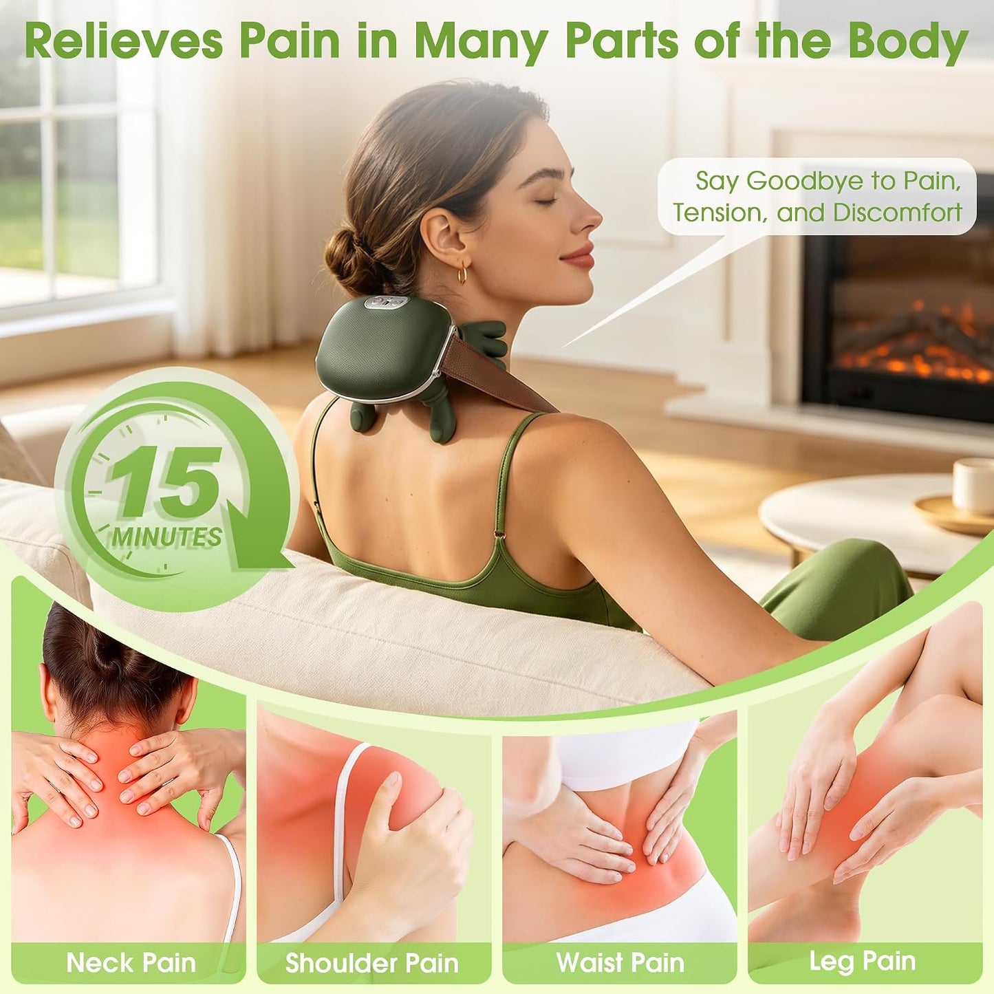 Anzzat Neck Massager with Heat，Cordless Portable 4D Kneading Neck and Shoulder Massager with Bionic Fingers Back Massager for Comfort, Relax Muscle Tension (Green)