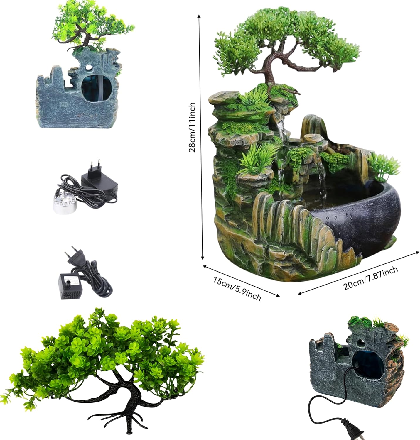 Mini Artificial Bonsai Tree Waterfall Fog Feature Rock Tabletop Fountain | 11in Desktop Decor Waterfall Fountain W/ Water Pump& Atomizer&LED Lights &Fake Tree Office Bedroom Relax