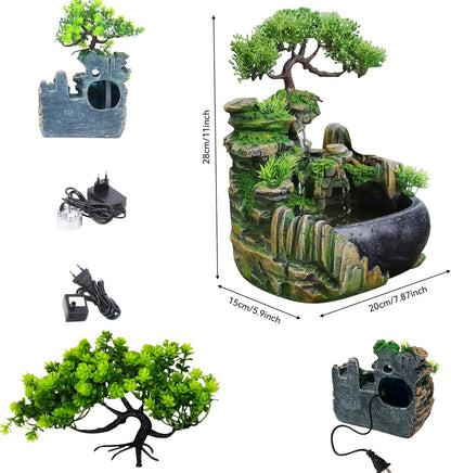 Mini Artificial Bonsai Tree Waterfall Fog Feature Rock Tabletop Fountain | 11in Desktop Decor Waterfall Fountain W/ Water Pump& Atomizer&LED Lights &Fake Tree Office Bedroom Relax